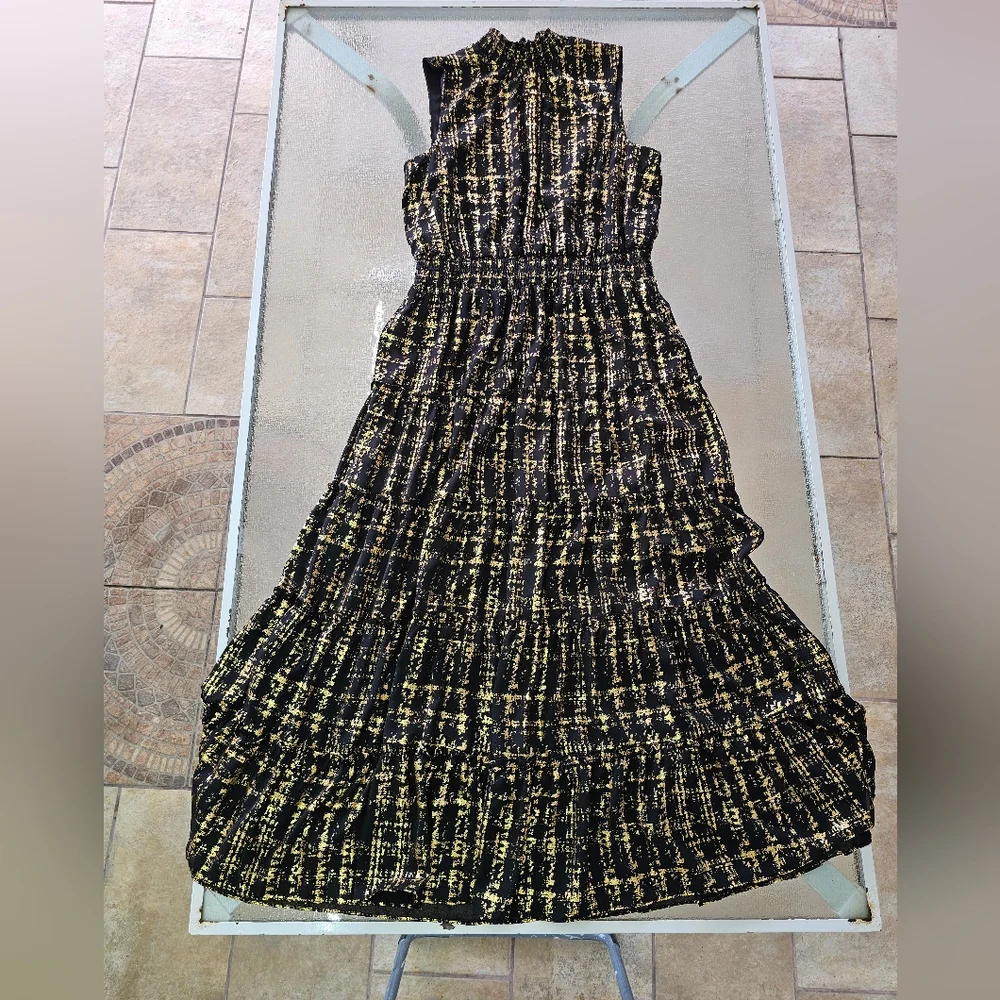 MSK XL Metallic Gold Black Maxi Dress | Boho Glam Tiered Skirt | Holiday Party